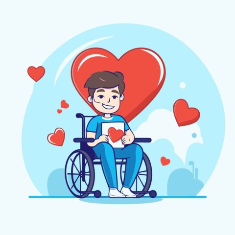 Vector illustration of a man in a wheelchair with a red heart.