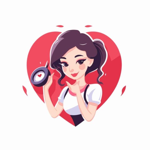 Beautiful girl with donut in her hands. Vector illustration.