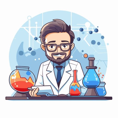 Scientist man working in laboratory. Vector illustration in cart