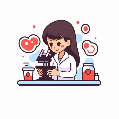 Girl scientist working in laboratory. Vector illustration in fla