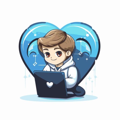 Vector illustration of boy using laptop computer in front of blu