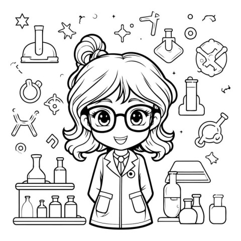 Coloring book for children: girl in a lab coat and glasses