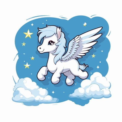 Cute cartoon white unicorn flying in the clouds. Vector illustra