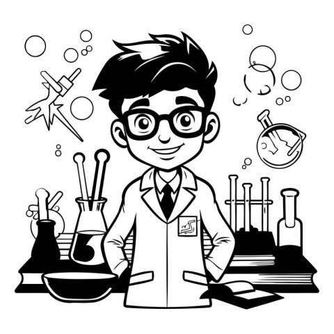 Scientist cartoon character with science equipment. Black and wh