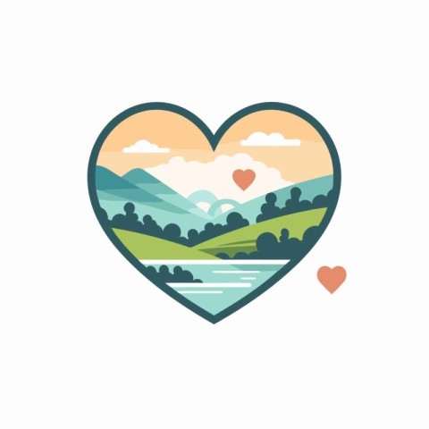 Heart shape with mountains. river and hills. Vector illustration