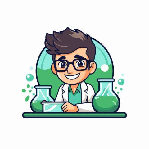 Scientist boy working in laboratory. Vector illustration in cart