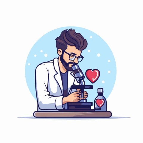 Scientist with microscope and heart. Vector illustration in cart