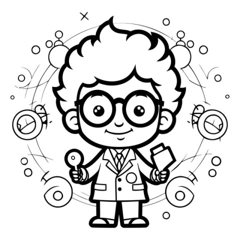 Black and White Cartoon Illustration of Scientist or Professor C