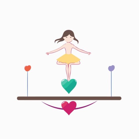 Ballet dancer girl on balance scale with hearts. Vector illustra