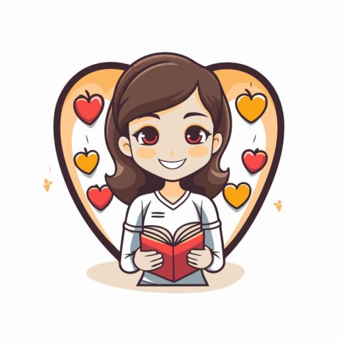 Cute girl reading a book in the shape of a heart. Vector illustr