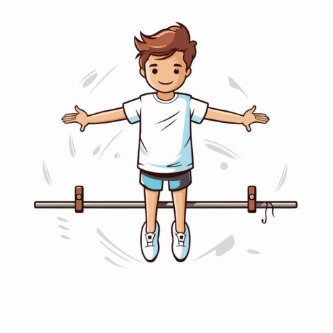 Boy doing pull-ups on a barbell. Vector illustration.