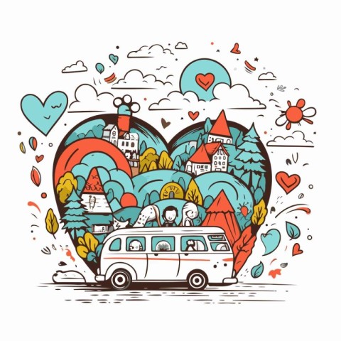 Couple traveling by car. Hand drawn vector illustration for your