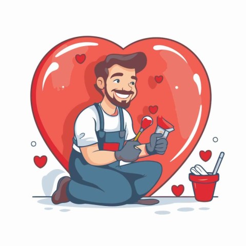 Valentine's day vector illustration. Smiling man painting heart