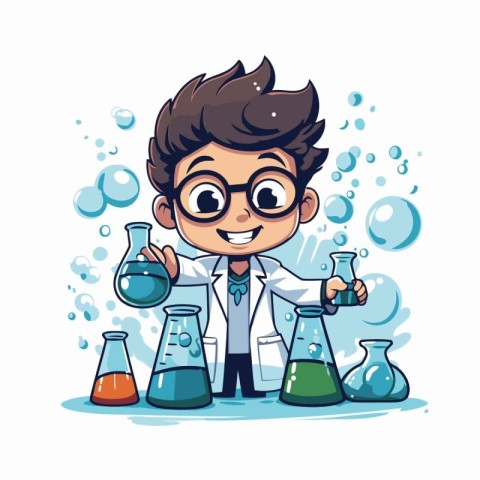 Cute boy scientist cartoon character with science equipment vect