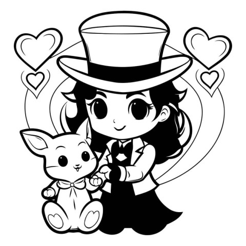 Black and white illustration of a girl with a teddy bear and hea