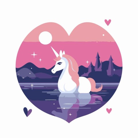 cute unicorn with heart and castle in the lake vector illustrati