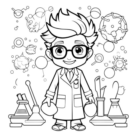 Coloring Page Outline Of Cartoon Scientist with Science Icons Ar