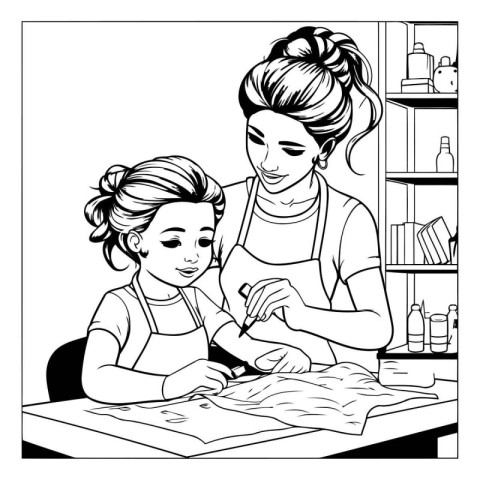 Mother helping her daughter to do homework. black and white vect