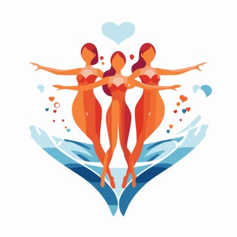 Women in swimsuits with hearts. Vector illustration in flat styl