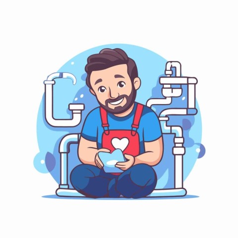 Plumber holding a heart in his hands. Vector illustration in car