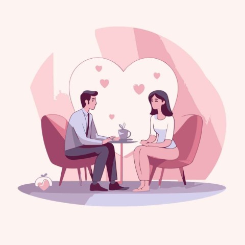 couple in love sitting in a cafe with heart vector illustration