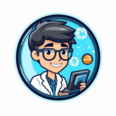 Scientist with tablet pc. Vector illustration in cartoon style.