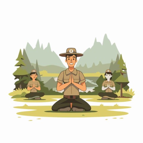 Cartoon safari explorer man sitting in lotus position. Vector il