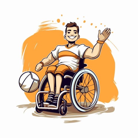 Handicapped man in wheelchair playing soccer. vector cartoon ill