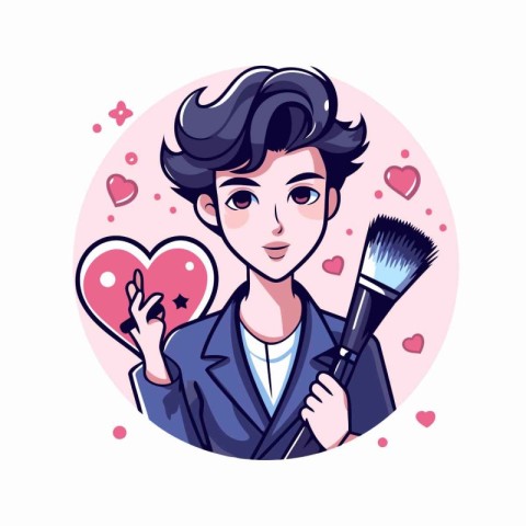 Young man with makeup brush and heart. Vector illustration in ca