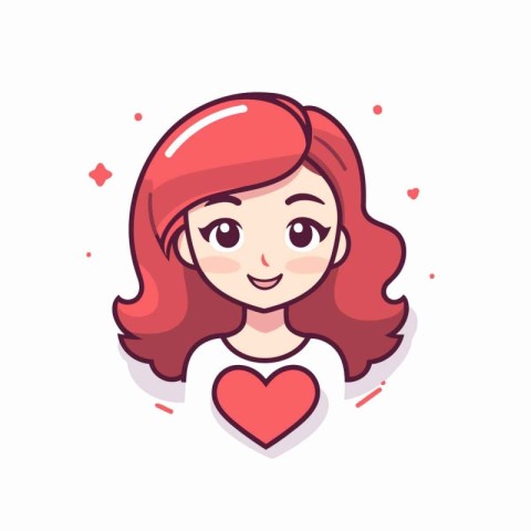 Cute cartoon girl with red hair and heart. Vector illustration.