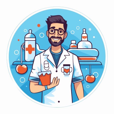 Doctor with stethoscope and pills in his hand. Vector illustrati