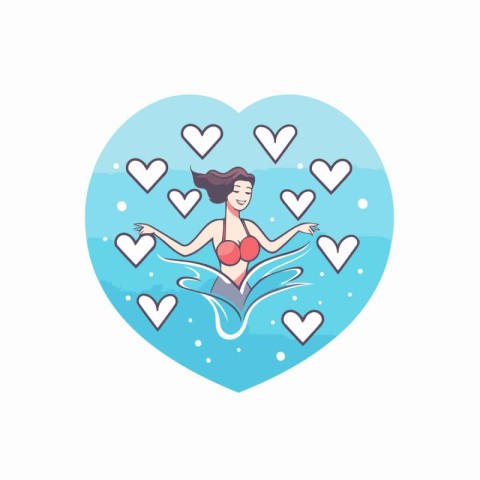 Vector illustration in flat linear style - a girl swims in the s