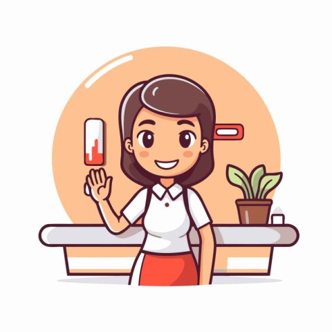 Girl with thermometer in bathroom. Vector illustration in cartoo