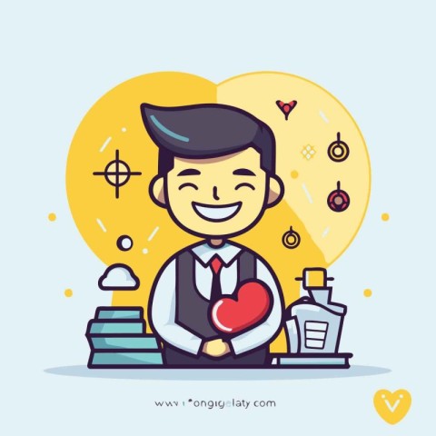 Vector illustration of a happy man with a heart in his hands.