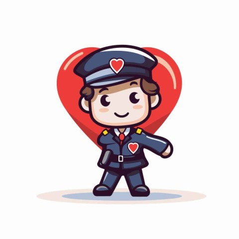 Cute boy in police uniform holding red heart. Vector illustratio