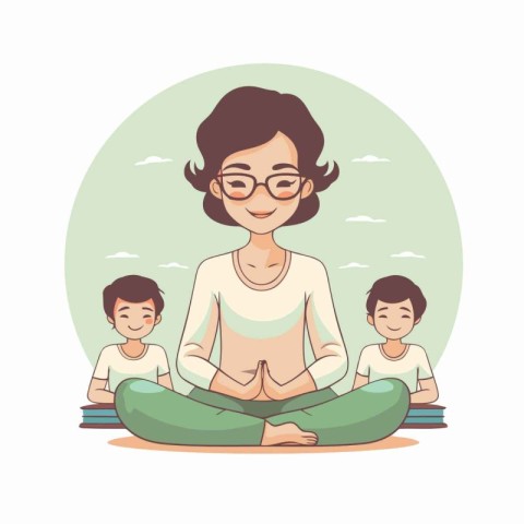 Mother with kids meditating in lotus pose. Vector illustration.