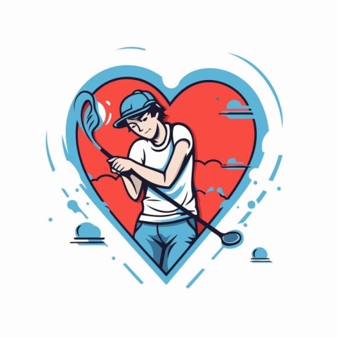 Golf player on the background of the heart. Vector illustration.