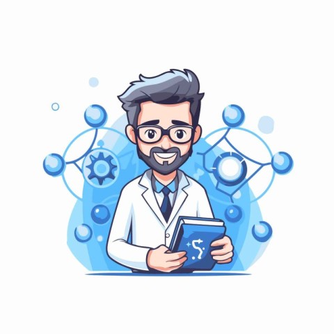 Scientist man holding book. Vector illustration in flat cartoon