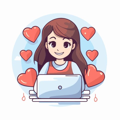 Girl with laptop and hearts around. Vector illustration in carto