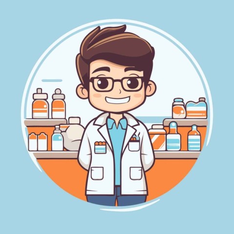 Cute boy pharmacist character. Vector illustration in a flat sty