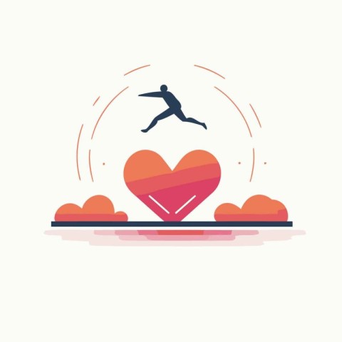 Vector illustration of a man jumping over a red heart in a flat