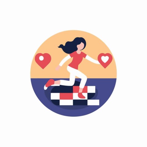 Woman running on a road with hearts around. Flat style vector il