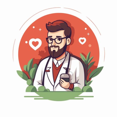 Vector illustration of a doctor with a mobile phone in his hand.