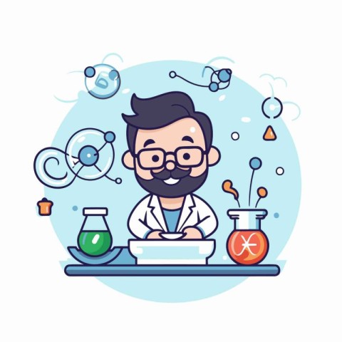 Scientist in lab coat and glasses working with chemicals. Vector