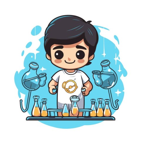 Boy scientist cartoon character with chemical lab glassware vect