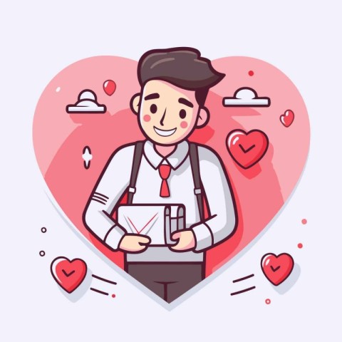 Vector illustration of happy man holding envelope in heart shape