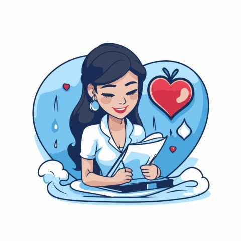 Vector illustration of a young woman reading a book with a red h