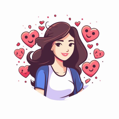 Smiling young woman with hearts around her head. Vector illustra