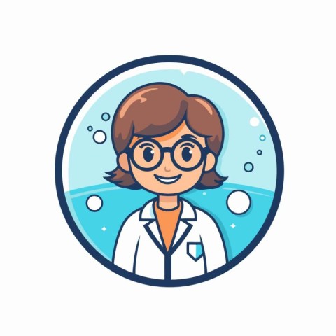 Vector illustration of little boy in glasses and lab coat. Carto