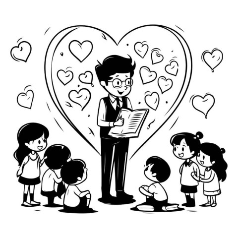 Teacher and children on white background. Black and white vector